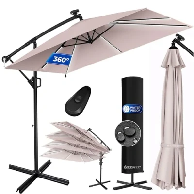 Abbildung von KESSER® Ampelschirm Holly Sonnenschirm Rechteckig LED Solar inkl. Abdeckung + Windsicherung mit Kurbel Schirm Ständer UV Schutz Aluminium Wasserabweisend Ø350cm Gartenschirm Taupe