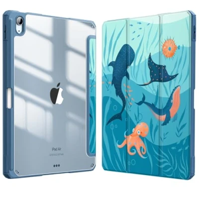 Abbildung von Fintie Hybrid Schutzhülle für iPad Air 27,9 cm (11 Zoll) M2 (2024), 5. / 4. Generation (2022/2020) 10,9 Zoll (27,9 cm), stoßfest, mit transparenter Rückschale und Stifthalter, Blue Ocean