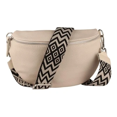 Abbildung von MIRROSI® Bauchtasche Damen, Echtleder, Made in Italy, Umhängetasche, Brusttasche, Crossbody Bag (1 Tasche &amp; 2 Gurte) (Beige (Bohemian Beige Schwarz), Kleine (22x13x6cm))