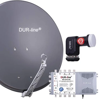 Abbildung von DUR line 8 Teilnehmer Set Qualitäts Alu Satelliten Komplettanlage Sat Spiegel