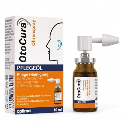 Abbildung von OtoCura Ohrenspray 10 ml, Ohrenreiniger aus Olivenöl, Mandelöl und Calendulaöl zur Ohren Reinigung Pflege des äußeren Gehörgangs Design 2024