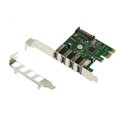 Abbildung von KALEA INFORMATIQUE PCI Express PCIe auf USB 3.0 Controller Karte 4 horizontale USB3 A Ports mit Via VLI VL805 Chipsatz, Low und HIGH Profile Winkel.