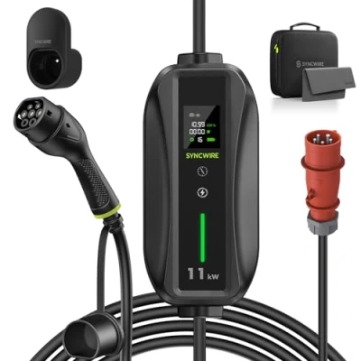 Abbildung von SYNCWIRE 11kW EV Ladegerät Typ 2 7.5m[3 phasig][6 16A] mit Einstellbarer Ladeleistung Ladekabel Schuko, Klarer LCD, IP65 wasserdichte Ladegerätbox, Kabelhalterung, Aufbewahrungstasche