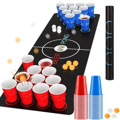 Abbildung von Bierpong Becher Set, Trinkspiel Tisch Matte Beerpong Partybecher Enthält 32 (500ML) +8 Tischtennisbälle+Tischmatte, Wiederverwendbare, Für Party Trinkspiele Camping Geburtstag Hochzeit