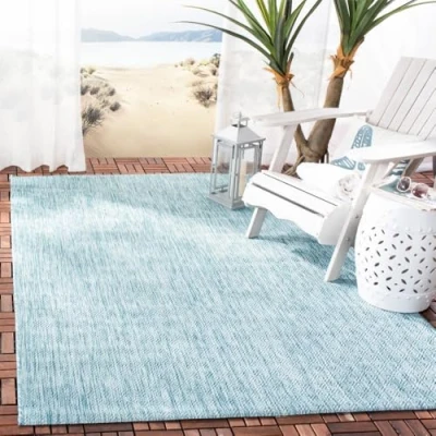 Abbildung von SAFAVIEH Zeitgenössische Teppich für Drinnen &amp; Draussen Courtyard Collection, Kurzer Flor, Dunkles Aqua und helles Aqua, 122 X 170 cm