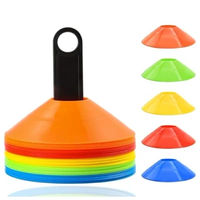 Abbildung von Sportyfits® Markierungshütchen 25x Hütchen für Slalom Trainingszubehör Sport (25er Set, 25 St., in 5 verschiedenen Farben), Flexibles Material / inkl. Halterung