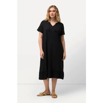 Abbildung von Ulla Popken Split NECK Short Sleeve MIDI Jerseykleid, Damen, Größe: 50/52, Black