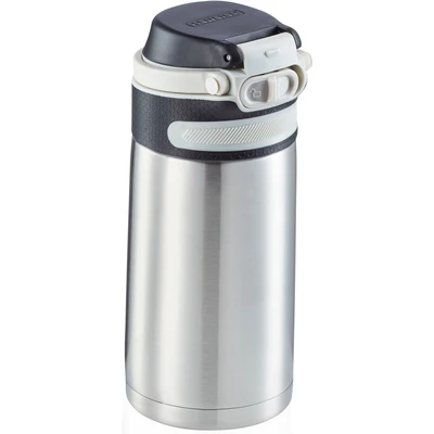 Abbildung von Leifheit Thermobecher Flip 350ml, Kaffeebecher 100% dicht, praktisches Öffnen mit einer Hand, Trinkbecher to go Filter für Wasser Obststücken, hält Getränke bis zu 6 Stunden heiß, silver, 17.5 x 22 cm