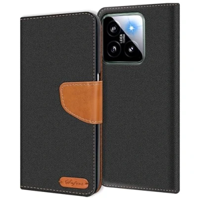 Abbildung von Verco kompatibel mit Xiaomi 14 Pro Hülle, Schutzhülle für 5G Tasche Denim Textil Book Case Flip Klapphülle, Schwarz