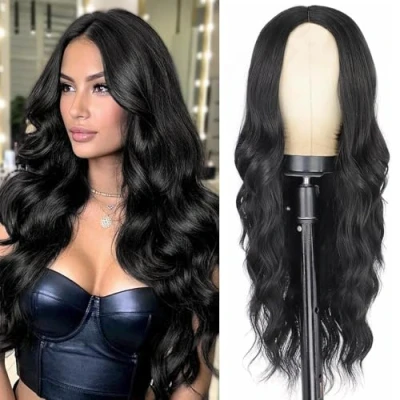 Abbildung von PORSMEER Perücken Damen Lange schwarze Lockige Wellig Synthetische Hitzebeständige Natürlich Haare Für Frauen Alltag Cosplay Kostümparty Halloween Fasching Black Wigs 26 inches