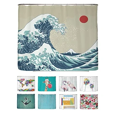 Abbildung von arteneur® Japan Welle Anti Schimmel Duschvorhang 240x200 Recycelt mit Öko Tex Standard 100 Beschwerter Saum, Blickdicht, Wasserdicht, Waschbar, 16 Ringe &amp; E Book