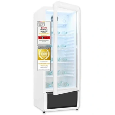 Abbildung von Exquisit Glastürkühlschrank, 240l Getränkekühlschrank mit LED, Umluft, 4 verstellbare Ablagen, CoolPro, GKS220 GT 430D weiss