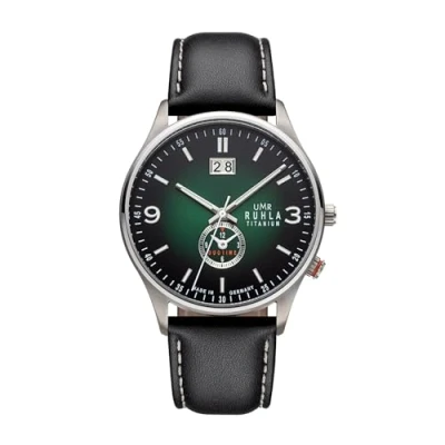 Abbildung von UMR RUHLA Armbanduhr, für Herren, Quarz, Titan, Lederarmband, Mineralglas, wasserdicht bis 5 bar Made in Germany, Farbe:grünlich