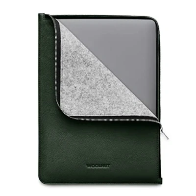 Abbildung von Woolnut Leder Folio Zipper Sleeve Case Hülle Tasche für MacBook Pro 13/14 Zoll Grün
