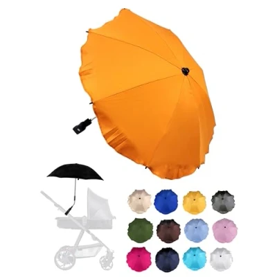 Abbildung von Sonnenschutz universal [Sonnenschirm für Kinderwagen] Buggy UV Schutz 50+ mit Universalhalterung biegsamer Schirm Rund und Ovalrohre verstellbar (orange)