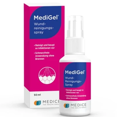 Abbildung von MediGel Wundreinigungsspray 50 ml entfernt sorgfältig Schmutz &amp; Mikroorganismen ohne Brennen der Infektion einen Schritt voraus