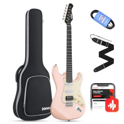 Abbildung von Donner E Gitarren Set Full Size, HSS Spule Geteilte Pickups, 39 Zoll Solid Body ST Gitarre Anfänger mit Tasche, Gurt, Kabel (Designer Series, Retro Rosa)