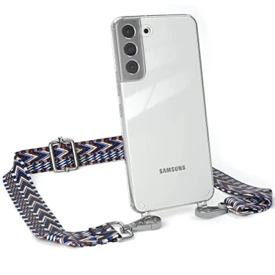 Abbildung von EAZY CASE Handykette Flexibler Trageriemen kompatibel mit Samsung Galaxy S22 Plus, Schultergurt zum Umhängen, Riemen, Band austauschen, Wechselgurt, Blau/Weiß Metall Silber