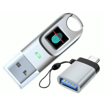 Abbildung von FIDO2 USB Schlüssel und digitales ChipNet ID BioPass, hohe Sicherheit, geschützt durch Fingerabdrücke, spanisches Unternehmen mit persönlicher Unterstützung, Silbermetallic