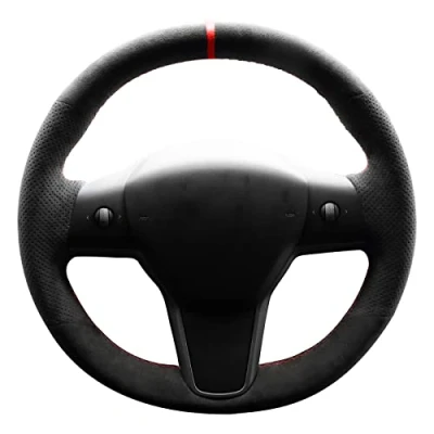 Abbildung von Alfanxi Handgenähte Lenkradhülle aus italienischem Alcantara Material, kompatibel mit Tesla Model Y/3/S (roter Streifen)