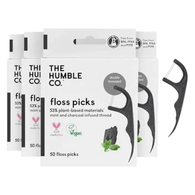 Abbildung von The Humble Co. Pflanzliche Zahnseidesticks Aktivkohle Umweltfreundlich, Vegan, Zuckerfrei, von Zahnärzten empfohlen Entfernt Plaque und Verleiht ein Frisches Gefühl (4 x 50p)