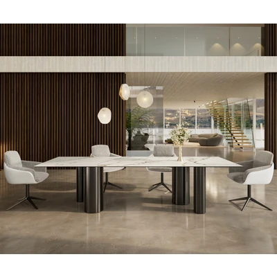 Abbildung von Esstisch Edge 300x100 Keramik Calacatta Luxe Weiß Gold Grau Pilier Edelstahl Graphit