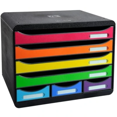 Abbildung von Exacompta 307798D Ablagebox Iderama Querformat mit 7 Schubladen für DIN A+ Dokumente. Belastbare Schubladenbox hohe Kapazität mehr Platz Store Box Harlekin Blauer Engel SchwarzBunt