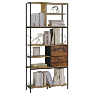 Abbildung von eSituro Bücherregal, Standregal mit Schubladen, Küchenregal Aufbewahrungsregal, stehendes Regal für Wohnzimmer Schlafzimmer Küche, Metallrahmen Holzwerkstoff, Schwarz Vintagebraun,84x180x30 cm