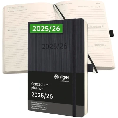 Abbildung von SIGEL C2606 Wochenplaner Wochenkalender 2025/2026, ca. A5, schwarz, Softcover, 256 Seiten, Gummiband, Stiftschlaufe, Archivtasche, aus nachhaltigem Papier, 18 Monatskalender, Conceptum