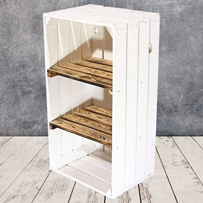 Abbildung von Vintage Möbel 24 GmbH Weiße Holzkiste mit 2 geflammten Mittelbrettern 68cm x 40cm 31cm Zwischenbretter flambiert Obstkiste Weinkisten Klassisch Schuhregal Bücherregal Kistenregal Holz Boxen