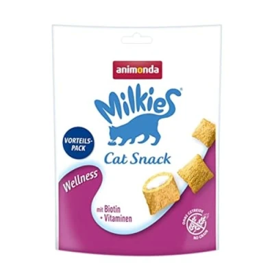 Abbildung von Milkies Katzensnack mit Milch Wellness (6 x 120g), getreidefreie Knusperkissen Katzensnacks für erwachsene Katzen von animonda
