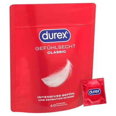 Abbildung von durex Kondome Gefühlsecht Classic mit anatomischer Easy On Form &amp; Silikongleitgel Vorratspack, 40 St., ultra dünn, für intensives Gefühl