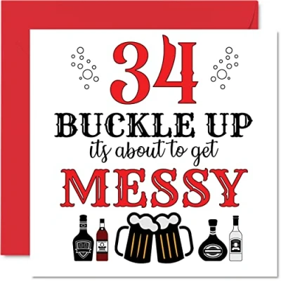 Abbildung von Stuff4 Lustige Geburtstagskarte zum 34. Geburtstag für Männer und Frauen Buckle Up Happy Birthday Karte Vater, Mutter, Sohn, Tochter, Bruder, Schwester, Onkel, Tante, Cousin, 145 mm x
