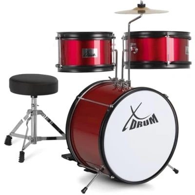Abbildung von XDrum Junior KIDS Schlagzeug inkl. Schule Kompaktes Kinderschlagzeug Für Kinder im Alter von 3 5 Jahren Kinderleichter Aufbau Mit Schule, Hocker, Drumsticks &amp; Stimmschlüssel Rot