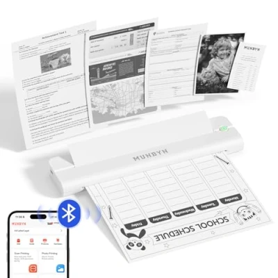 Abbildung von MUNBYN Mobiler Drucker Bluetooth Thermodrucker A4 203DPI Inkless Printer Kompatibel mit Android &amp; iOS für Handy Laptop, Unterstützt 210x297mm Thermopapier, ITP02 Weiß
