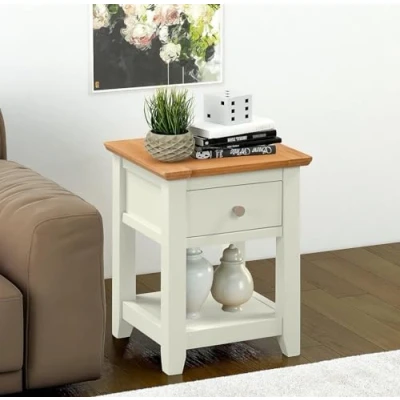 Abbildung von Hallowood Furniture Clifton Eiche Kompakt Grün Off White Bemalt Beistelltisch mit Schublade und Ablage, Holz Nachttisch, Lampentisch, Wohnzimmer Kleiner Tisch, Pflanzenständer für Flur