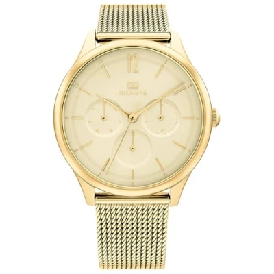 Abbildung von Tommy Hilfiger Multi Zifferblatt Quarz Uhr für Damen mit Gelbgoldfarbenes Edelstahl Mesh Gliederarmband 1782458