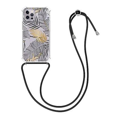 Abbildung von kwmobile Necklace Case kompatibel mit Apple iPhone 12 / Pro Hülle Silikon Cover Handykette Gold Grau Transparent Dschungel