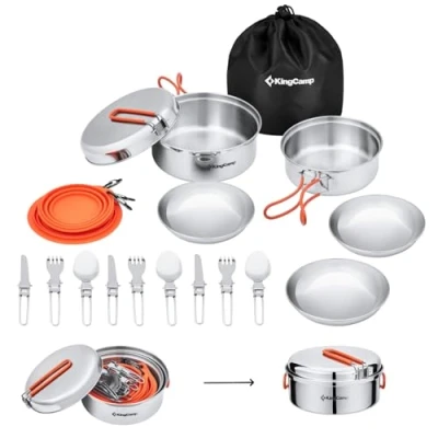 Abbildung von KingCamp Camping Kochgeschirr Set Kochset Geschirr Kochtopf aus Edelstahl für 3 4Person Outdoor Kochen Picknick Wandern