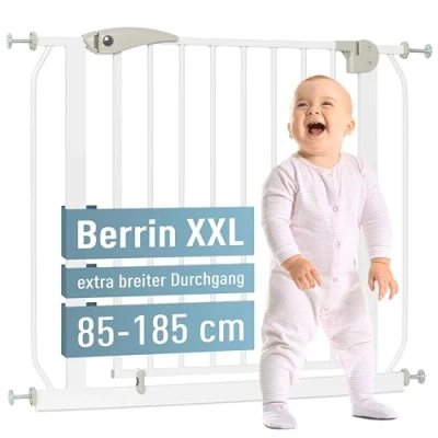 Abbildung von ib style Türschutzgitter Berrin XXL 85 185 Extra breiter Durchgang, Treppenschutzgitter für Babys, Selbstschließend, Ohne Bohren, 150 160 cm, Weiß
