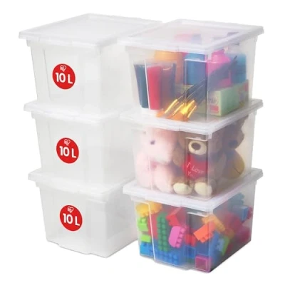Abbildung von Iris Ohyama Vielseitige Aufbewahrungsboxen, 10L, 6er Set, Transparent, Leicht schließba Deckel, Stapelbar, Plastik, Für Schrank, Regale, Organisation, Kleidung, Bettlaken, Garage, USB S