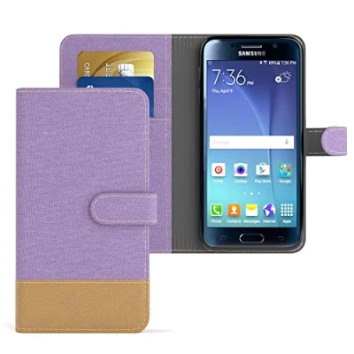 Abbildung von EAZY CASE Tasche kompatibel mit Samsung Galaxy S6 Stoff Schutzhülle Standfunktion Klapphülle Bookstyle, Handytasche Handyhülle Magnetverschluss und Kartenfach, Kunstleder, Lila