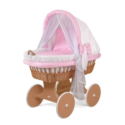 Abbildung von WALDIN Baby Stubenwagen Set mit Ausstattung, XXL, Bollerwagen, komplett, 24 Modelle wählbar, Gestell/Räder braun lackiert, Stoffe rosa/kariert