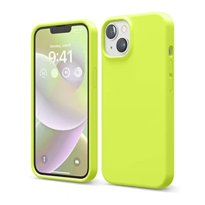 Abbildung von elago Schutzhülle für iPhone 14, Flüssigsilikon, Ganzkörper Schutzhülle, stoßfest, schlanke Handyhülle, kratzfestes, weiches Mikrofaserfutter, 15,5 cm (6,1 Zoll), Neongelb