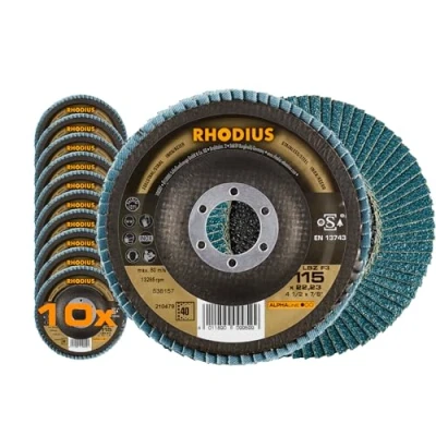 Abbildung von RHODIUS LSZ F3, 10 Stück Ø 115 mm K40 Fächerscheiben, Made in Germany, Metall Schleifscheibe für Winkelschleifer, Lamellenscheibe, Fächerschleifscheiben