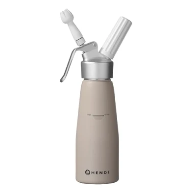 Abbildung von HENDI Sahnespender, Inklusive Set aus 3 Polypropylen Spritztüllen und Reinigungsbürste, Sahne Mousses Desserts kalten Schäumen, Sahnesyphon, 0,5L, ø80x(H)260mm, Aluminium, Taupe