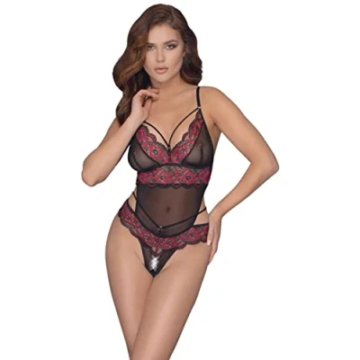 Abbildung von Spitzen String Bodysuit Im Schritt Schwarz/Rot