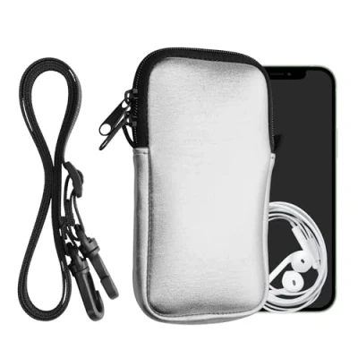 Abbildung von kwmobile Handytasche für Smartphones M 5,5&quot; Neopren Handy Hülle Metallic Silber mit Kordel Tasche Handykette 15,2 x 8,3 cm Innenmaße