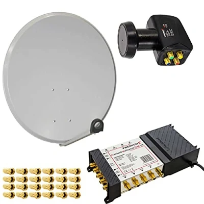 Abbildung von Premium X Satelliten Komplettanlage 80cm Satellitenschüssel Stahl Hellgrau Multischalter 5/8 Quattro LNB 1 SAT für 8 Teilnehmer
