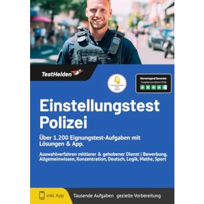 Abbildung von Einstellungstest Polizei: Über 1.200 Eignungstest Aufgaben mit Lösungen &amp; App: Auswahlverfahren mittlerer gehobener Dienst Bewerbung, Allgemeinwissen, Konzentration, Deutsch, Logik, Mathe, Sport